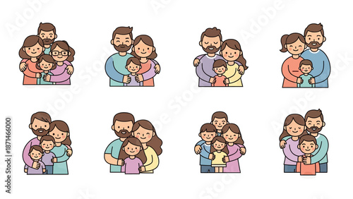 Cute Cartoon Families Posing Together - Parents and Children Icon Set