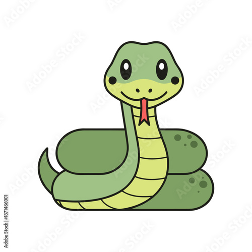 A cheerful green cartoon snake coiled on a soft surface, with a playful expression and a tongue flicking out