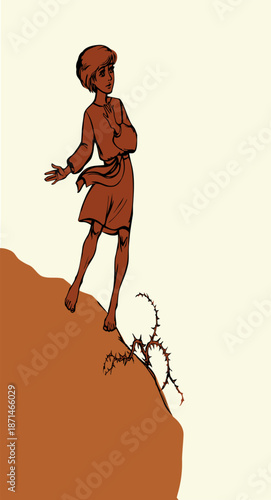 Vector drawing. Young boy going through dangerous way