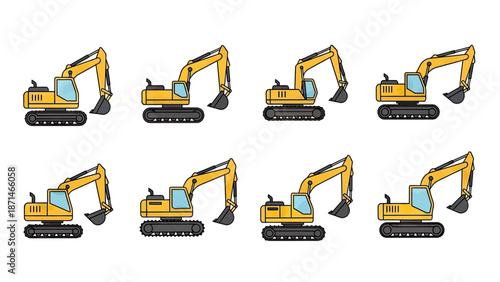 Yellow Excavator Construction Machine Set with Different Arm Positions