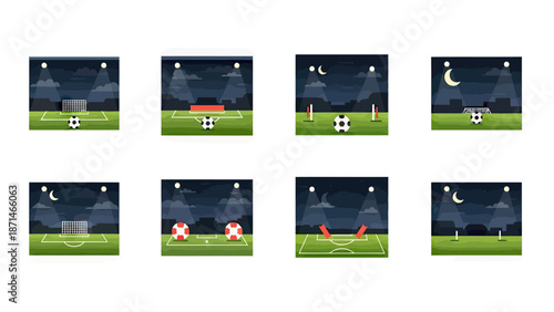 Soccer Field Elements and Night Stadium Lighting Vector Set