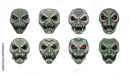 Set of Scary Tribal Masks with Red Eyes and Sharp Teeth