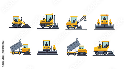 Yellow construction vehicles and equipment set, road building machines