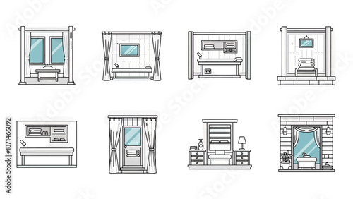 Collection of Modern Interior Room Scenes with Furniture and Windows