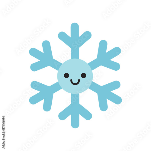 A cheerful snowflake character with a smiling face, set against a white background, ideal for winter-themed designs