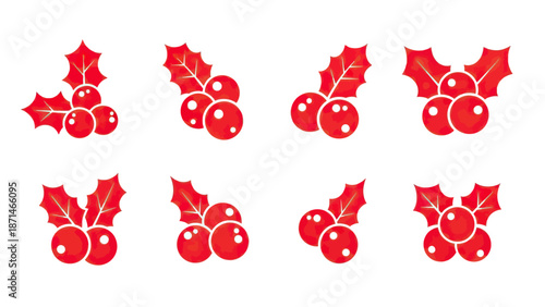 Red Holly Berries and Leaves Vector Icons for Festive Design
