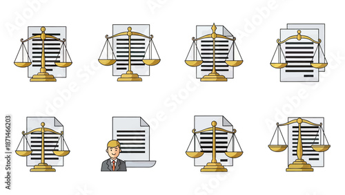 Justice Scales and Legal Document Icons Set