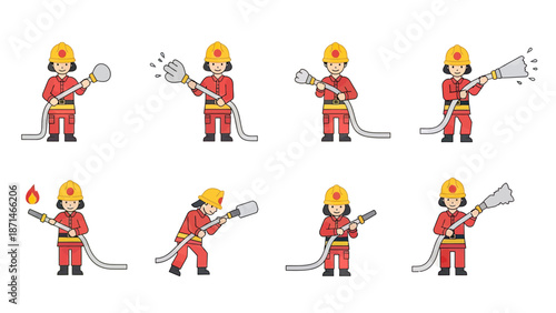 Firefighter Set with Water Hose Action Poses Vector Illustration