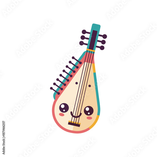 A colorful, cartoon-style string instrument with a smiling face, set against a white background, ideal for children's music education
