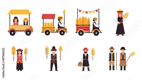 Folk Farmers and Harvest Carts with Wheat Vector Set