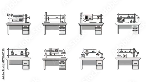 Set of Laboratory Workbenches with Scientific Equipment and Tools