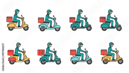 Delivery rider on scooter with red box, various colors, flat design icons
