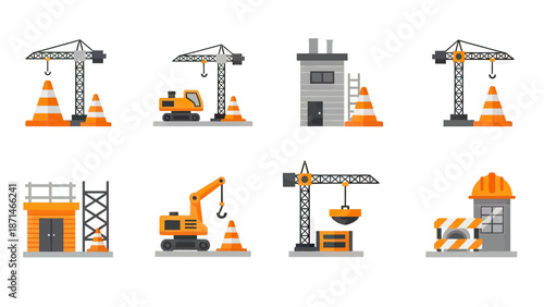 Construction Site Equipment and Structures Vector Icons