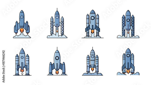 Collection of stylized rocket ship launch and space shuttle icons