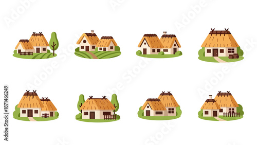 Charming Thatched Roof Cottages in Rural Village Scenes Vector Set