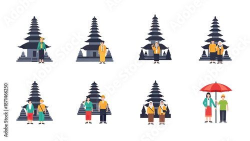 Traditional Indonesian Temple and People Icon Set