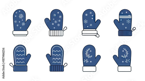 Set of Blue Winter Mittens with Snowflake and Stripe Designs