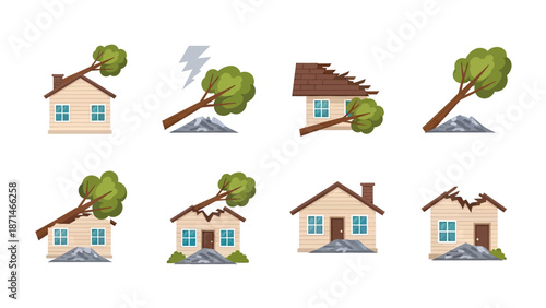 Damaged Houses and Trees Icon Set Showing Storm Impact