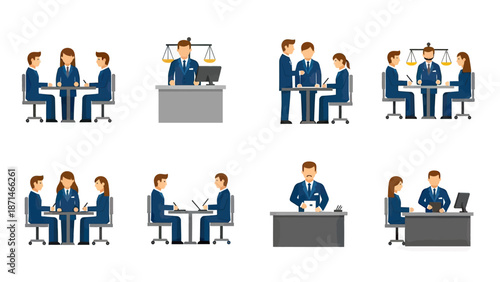 Legal Consultation and Law Office Scenes Vector Icons