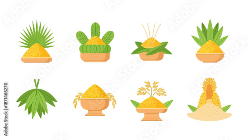 Collection of Decorative Grain Piles with Green Leaves and Stalks