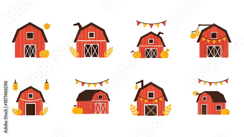 Set of Rustic Red Barns with Fall Decorations and Pumpkins