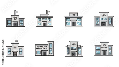 Set of Veterinary Clinic and Animal Hospital Building Icons