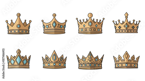 Collection of Golden Royal Crowns with Blue Gems and Ornate Details