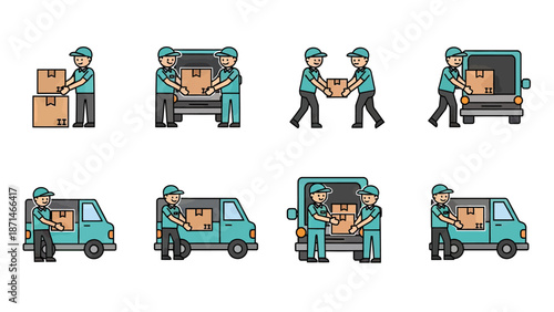 Delivery workers loading boxes into a van, moving cargo