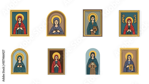 Religious Icons Set: Figures in Stylized Frames