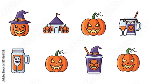 Spooky Halloween Icons: Jack-o'-lanterns, Witch Hat, and Festive Drinks