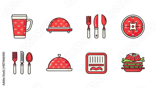 Collection of Food and Dining Icons with Utensils and Dishes