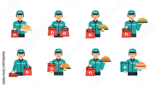Delivery Person with Food Bags and Meals Icons