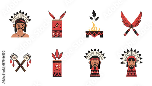 Native American Headdress Icons and Tribal Elements
