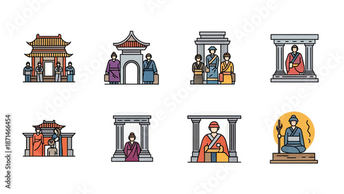 Ancient Chinese Figures and Traditional Architecture Icons