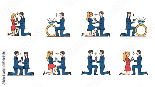 Couple Proposal Icon Set: Man Kneeling Offers Diamond Ring to Woman