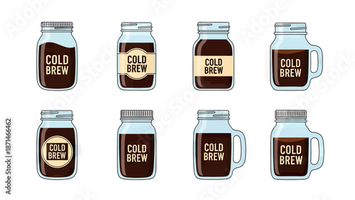 Set of Cold Brew Coffee Jars and Mugs with Dark Beverage