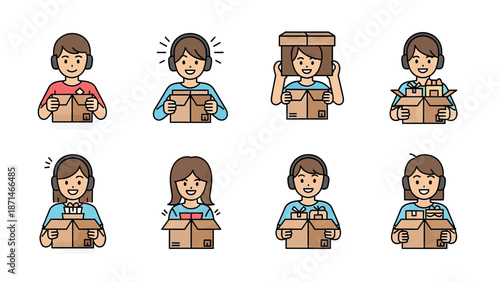 People with Boxes of Gifts and Packages Vector Icon Set