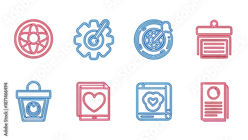 Set of stylized icons for technology, business, and design elements