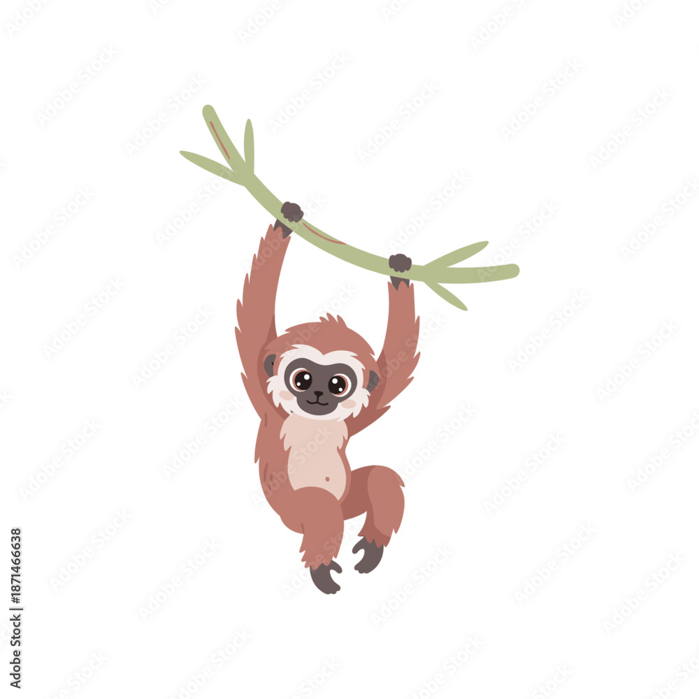 Obraz premium A playful sloth hanging from a branch, surrounded by a vibrant jungle backdrop with foliage