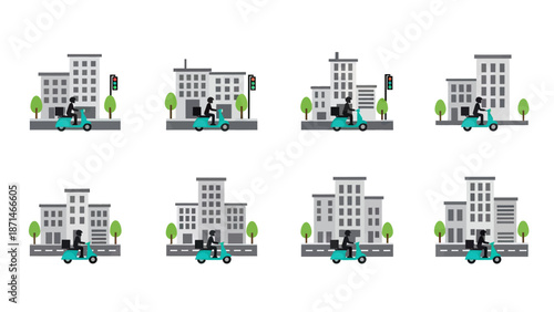 City Delivery Scooter Riders and Buildings Vector Icon Set
