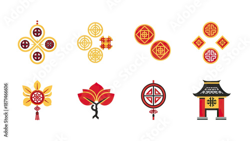 Chinese Traditional Decorative Ornaments and Symbols Vector Set