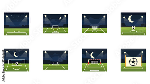 Soccer Field Icons Set at Night Under Stadium Lights