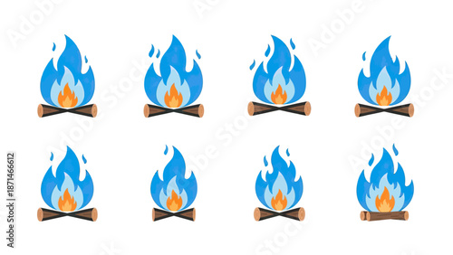 Blue Campfire Flames with Wooden Logs Vector Icons