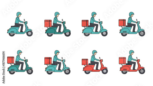 Delivery scooter riders in helmets with cargo boxes, set