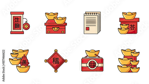 Chinese New Year Icons: Gold Ingots, Scrolls, and Festive Decorations