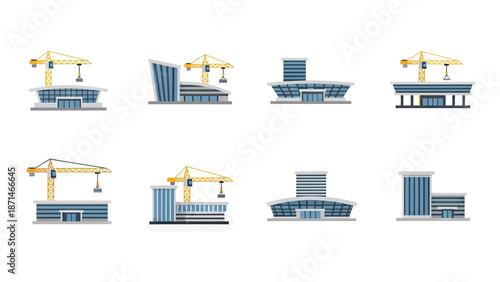 Modern Buildings and Construction Cranes Vector Icon Set