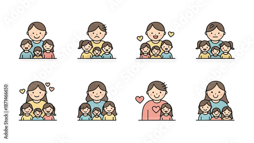 Family Emotions Icon Set: Happy, Sad, Love, and Neutral Expressions