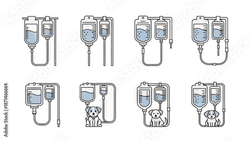 Medical Infusion Bags and IV Drip Set Icons with Cute Puppy