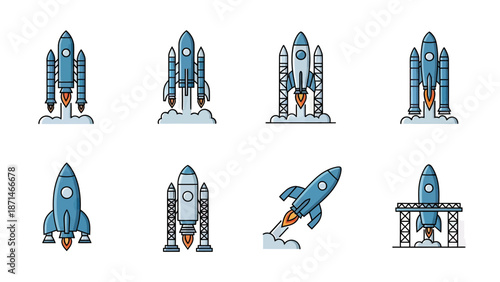 Space Shuttle and Rocket Launch Icons Set with Flames and Smoke