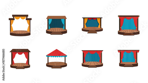 Collection of wooden stage platforms with decorative curtains and roofs